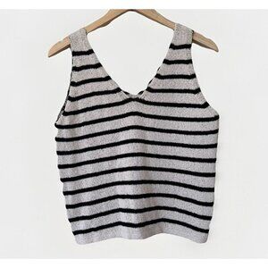 Primark Knit Striped Cream Black Cropped V Neck Tank Size Medium